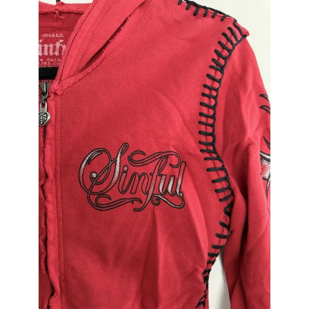 Sinful by Affliction Y2K Hoodie Cyber Grunge Goth Red Women's Size Small - Picture 9 of 10